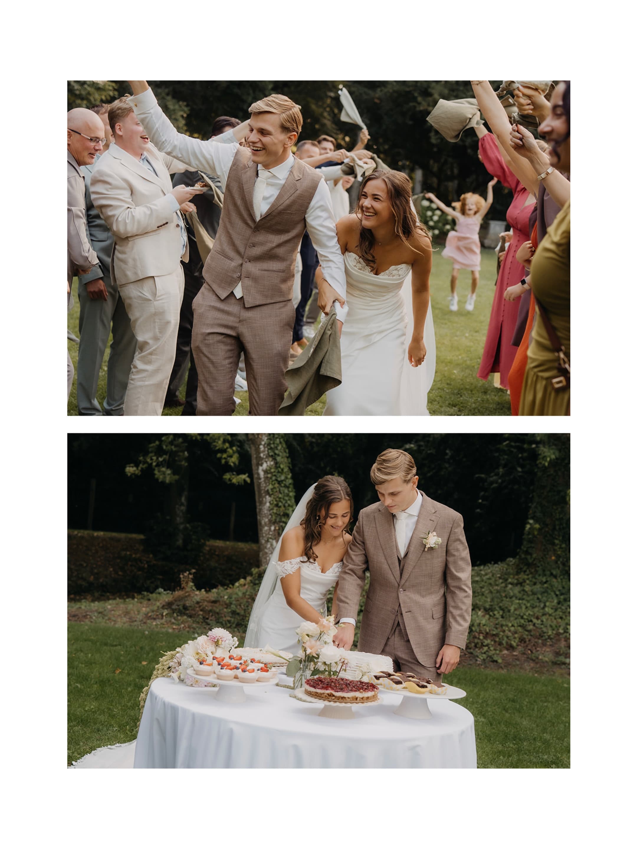 Collage van Manon en Nick met hun gasten en samen bij de gedekte taarttafel